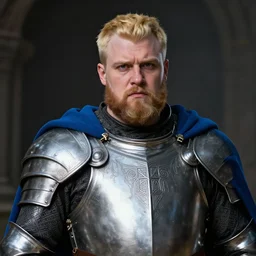 portrait, fantasy beardless plump cleric with no beard, young adult, short in stature, no beard, short blonde hair comb over hairstyle, silver breastplate with religious engravings, clean shaven, stressed expression, green eyes, blue cape, style by donato giancola, wayne reynolds, jeff easley dramatic light, high detail, cinematic lighting, artstation, dungeons and dragons