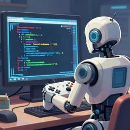 illustration of an elaborate robot coding, on screen old video game shown, robot hold a controller