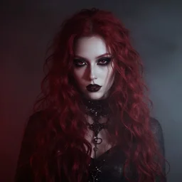 modeling photograph kerli koiv, red, beautiful, dark, mysterious, bubble goth, detailed face, half body shot, fog dramatic