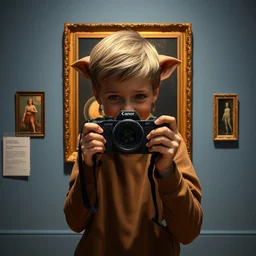 museum painting, boy alien holding camera by artgerm