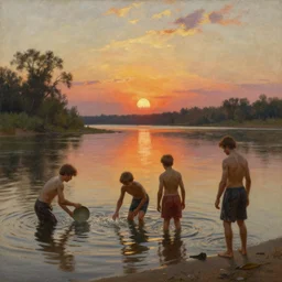 Men and Boys Playing in the Missiissippi River at Sunset, painting by George Caleb Bingham and Thomas Eakins, oil on canvas