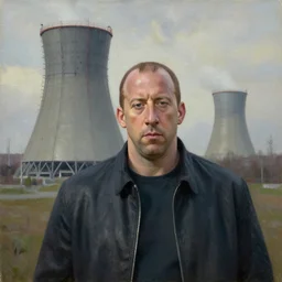 vin diesel in front of the nuclear reactor in chernobyl, oil on canvas, naturalism