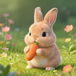 chibi rabbit is super cute eating carrot in the grass with sweet flowers, au naturel, hyper detailed, digital art, trending in artstation, cinematic lighting, studio quality, smooth render, unreal engine 5 rendered, octane rendered, by sergey grechanyuk