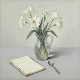 flowers in jug, notebook, spoon on a table, still life on a table in the style of ivon hitchens and winifred nicholson. oil painting, beautiful, minimal