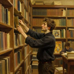 attractive librarian man pulling a book from a shelf, dusty library, golden hour painting by gaston bussiere, craig mullins, j. c. leyendecker, tom of finland, greg rutkowski, alphonse mucha