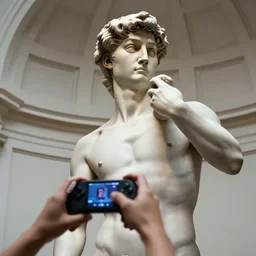 A photo of Michelangelo's sculpture of David playing video games