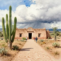 a dusty, welcoming southwestern pueblo house, besides giant green prickly pear cactus, a dusty ornate mexican path, some people wandering, summer thunderstorm, mystical landscape, nice white clouds, blue sky watercolor