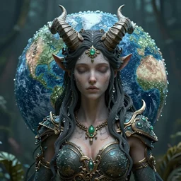in world of dew, and within every dewdrop a world of struggle., fantasy intricate elegant under, lush volumetric lighting 3 d modelling a woman with horns