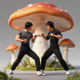 bruce lee fighting with a giant mushroom, nunchucks, star knives, highly detailed, photorealistc, 8 k