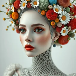 beautiful porcelain ivory woman elegant red plump lips round hazel eyes biomechanical cyborg, elegant haute couture, iris van herpin, laser cut foliage intricate mesh, headdress with daisies, colorful puffballs, mushrooms, rhizomorphs, brackets, fractal sponge corals, hyper detailed, ultra sharp, soft light, 8 k, uhd