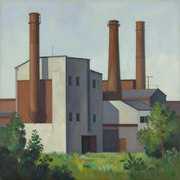 geometric painting of industrial buildings surrounded by undergrowth by clarence holbrook carter