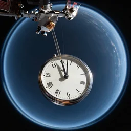 photo of a torsion pendulum clock floating inside a space station. highly - detailed, fish - eye lens, award - winning