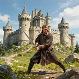 a russian man holding a sword to destroy a random castle, photorealistic, 14K HD Quality, Highly Detailed, Vibrant, more coherent, Super High Quality, hyper realistic