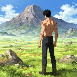 man with scars exploring a land where he got a mountain like the mordor to explore, gege akutami style, overdetailed art, realistic, colorfull,