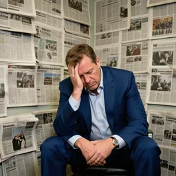 dslr photo still of infowars host alex jones in a blue suit sitting depressed in a room filled to the ceiling with newspapers, 5 2 mm f 5. 6