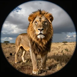 fisheye photo of a lion, taken by Canon, photorealistic, mirrorless