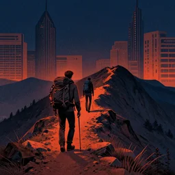 backpacking mountain ridge, mads berg, karolis strautniekas, film noir, stippled light, dramatic lighting, editorial illustration, detailed, fine texture, matte print, art deco, brutalism, dark blue + dark orange, red, black, ( ( habitat 6 7 background ) )