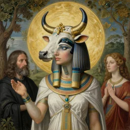 portrait of isis with cow head as a beautiful cloaked sorceress, a soulscape of inner thought by hieronymus bosch, cyril rolando, esher and natalie shau, whimsical, profound, impossible. painted, intricate, trending on devaintart.