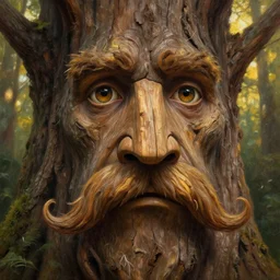 a talking tree, a face in the bark, nose made of wood, eyes in the bark, fantasy concept art, big moustache, digital painting, oil painting, hyperrealistic, beautiful, treebeard, ent, magical, highly detailed, soft lighting, golden sunlight, very detailed eyes, artstation, cgsociety, in the forest, by alan lee, by artgerm