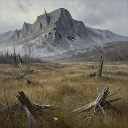 landscape painting of destroyed meadows with destroyed mountainrange in background, dystopian wasteland, destroyed nature, apocalyps, winter, fine details, magali villeneuve, artgerm, rutkowski