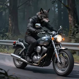 werewolf riding motorcycle along a dark street in the woods, concept art, smooth, sharp focus, illustration, art by artgerm and greg rutkowski and alphonse mucha