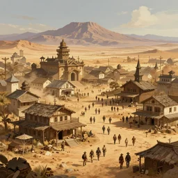 populated old western style city bustling with people in the middle of a sandy flat desert with a single mountain on the very distant horizon. magic the gathering art, digital media