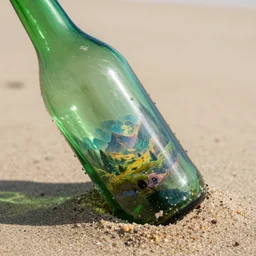 a washed up green bottle in the sand reflecting a magical universe inside of the glass showing magical landscape.