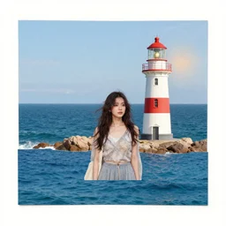 mixed media collage. ocean colours. woman with lighthouse behind her