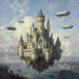 an armada of airships flying in the sky, attacking a single elaborate castle floating in the air, oil painting, in the style of marc simonetti, 4 k