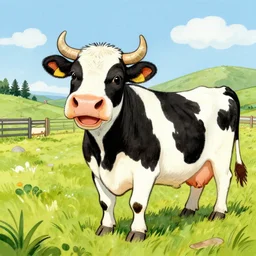 a detailed illustration of a happy cow on a new zealand farm by maurice sendak