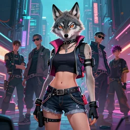a portrait of a sexy female anthropomorphic wolf in skaterpunk clothes in a cyberpunk city, character art by stanley artgerm lau, wlop, rossdraws, james jean, andrei riabovitchev, marc simonetti, and sakimichan, trending on artstation