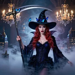 hyperrealistic portrait of amber heard as a vampire witch waving a magic druid scythe, sapphire butterflies wings, lit chandeliers candles ornate raven hat fabric mystic fog smoke, above the clouds skyscrapers. by jeremy mann, bouguereau, ( alma tadema ), fantasy art, photo realistic, dynamic lighting, artstation, poster, volumetric lighting, 4 k, award winning