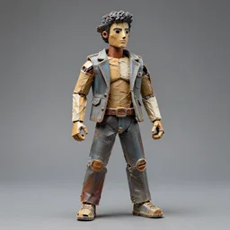 A sculpture made of recycled materials but with perfect definition, in the shape of Johnny bravo