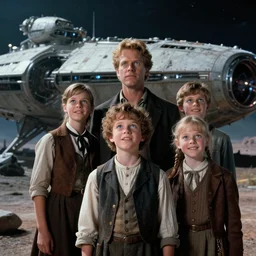 extremely sharply detailed, scan from blockbuster 9 6 k sci fi color movie freeze frame, set 1 8 6 0, family standing in front of crashed spaceship, on alien planet, looking happy, wearing 1 8 5 0 s era clothes, atmospheric lighting, in focus, reflective eyes, - 9 9 9 mm macro lens, live action, nice composition, good photography, clear facial details