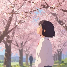 woman looking at the cherry blossoms, Low level, rendered by Beeple, Makoto Shinkai, syd meade, simon stålenhag,, synthwave style, digital art, unreal engine, WLOP, trending on artstation, 4K UHD image, octane render,