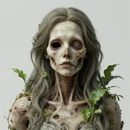 a beautiful detailed front view portrait of a rotten woman corpse with plants and fractal flowers growing around, artgerm, joshua middleton comic cover art,