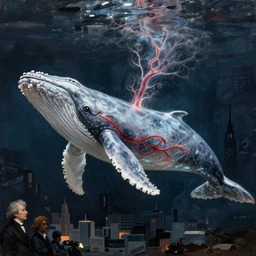 whale body made of transparent glass with visible sanguine system floating over the dark city. painting by karl blossfeldt, agnes pelton, rene magritte, walton ford, caspar david friedrich
