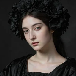 hyperrealism close - up mythological portrait of beautiful medieval women partially made of black flowers in style of classicism, pale skin, ivory make up on the eyes, wearing black silk robes, dark and dull palette