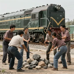 people with sticks and stones surrounded two people, against the background of a train locomotive, realistic, 4 k, ultra render, unreal engine
