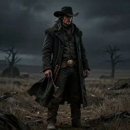 A cowboy with a long coat in a dark western scenery, long grey hair, dark fantasy, digital art, high definition, 4K, devin art