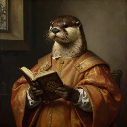 Painting of an otter wearing nobleman's robes, holding a prayer book in a chapel, by Leonardo Da Vinci