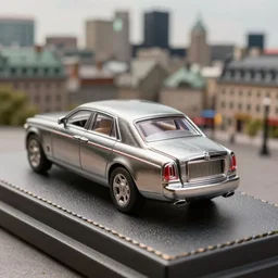 3 5 mm photo of metallic 9 9 rolls - royce boat tail, like die cast 1 / 6 4 model with a montreal city as background, epic cinematic, epic lighting