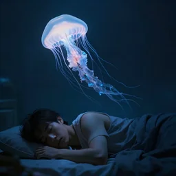 jellyfish floating in the air next to sleeping man, sleep paralysis