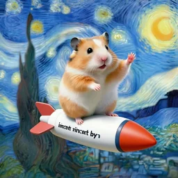 “ a juggling hamster sitting on a rocket, inspired by vincent van gogh ”
