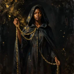 a portrait of a young black woman wearing a long dark cloak, hood and shadows covering face, holding golden chains, oil painting, matte painting, black background, Volumetric Golden dappled dynamic lighting, Highly Detailed, Cinematic Lighting, Unreal Engine, 8k, HD, by Beksinski