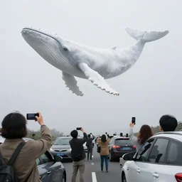 people stopping and getting out of their cars on a highway to look up at the enormous white whale flying through the sky. many of the people are recording it on their phone. a figure of an gigantic, monstrous, white whale can be seen soaring through the sky above them, the whale is a bit foggy because it far in the sky.