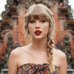 taylor swift wearing batik bali in bali. temple background. front view. instagram closeup holiday photo shoot, closeup