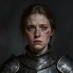 head and shoulders portrait of a female knight with a worried expression, scars under her grey eyes. sad and tired eyes, broken neclace. dark background, a few thin light rays behind her. high detail, matte painting, artstation top 1 0, photo in the style of angus mcbean.