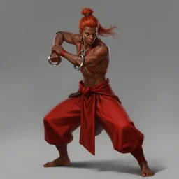 Full body Picture of a Battle Dancer, arab inspired, wearing two metallic rings, dark brown skin, light red hair, waist reaching ponytail, crimson attire, exposed midriff, battle, detailed face features, dark green eyes, D&D, by artgerm and Craig Mullins, James Jean, Andrey Ryabovichev, Mark Simonetti and Peter Morbacher, matte painting, trending on artstation, artstationHD, artstationHQ, octane, full HD, 16K, IMPORTANT: no extra legs, no artifacts
