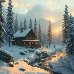 snowy cozy lodge by a small river in a forrest in canadian mountains in the evening sun, iceicles, by philippe gare, artstation, greg rutkowski